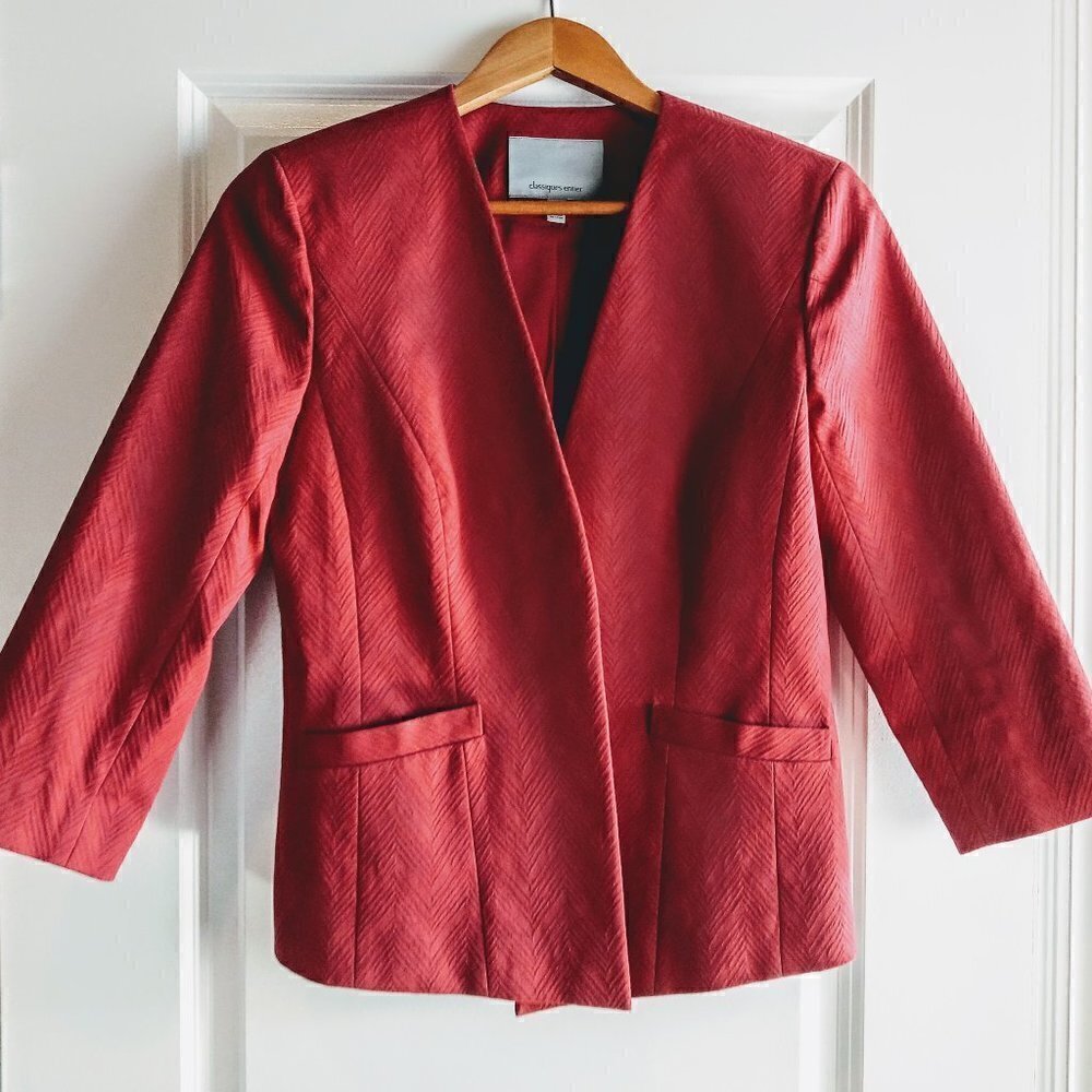 Classiques Entier Red Chevron Textured Cotton Open Blazer